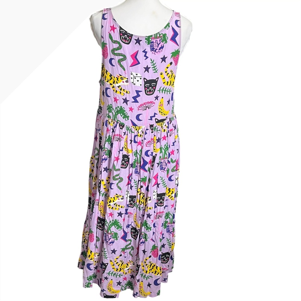 Nooworks Naomi Dress Hasting Print Purple Retro Rayon Midi Sleeveless Medium - Picture 5 of 9